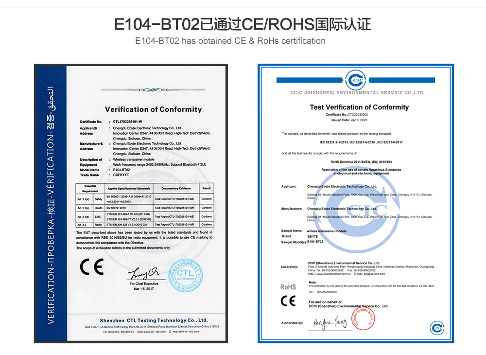 E104-BT02蓝牙模块最新RoHS证书